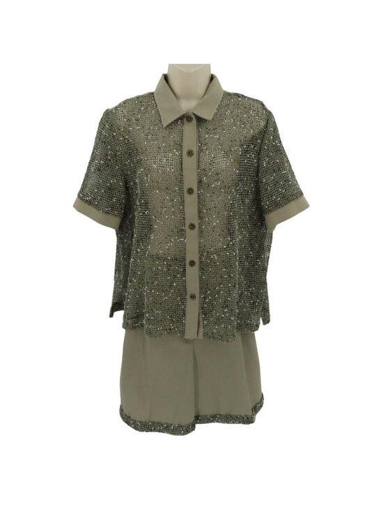 Marshall Pants - VTG Marshall Women 16 Green Sheer Mesh Collared Shirt Shorts 2 Piece Set Safari